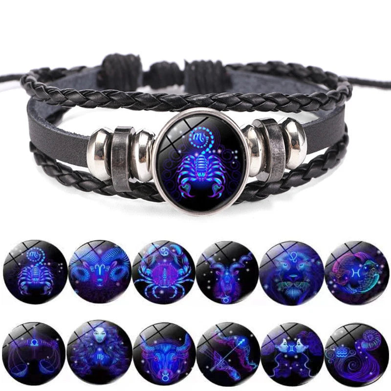 Luminous Zodiac Sign Charm Bracelets - Vintage Multilayer Leather Wrap for Men & Women - Perfect Birthday Gift!