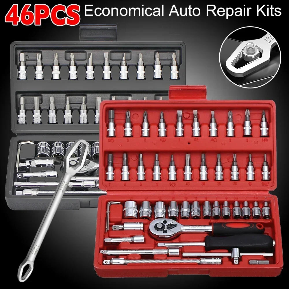 46pcs Socket Set Car Repair Tool Ratchet Spanner Wrench Set Pawl Socket Spanner Screwdriver Professional Metalworking Tool Kit