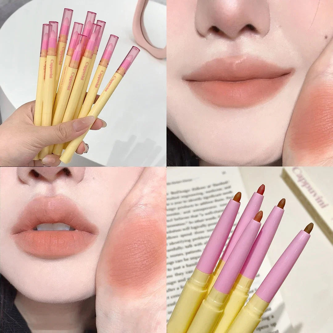 Fine Lipliner Pen Matte Velvet Lip Outline Contour Pencil with Brush Waterproof Lip Liner Non-stick Cup Moisturizing Lip Makeup