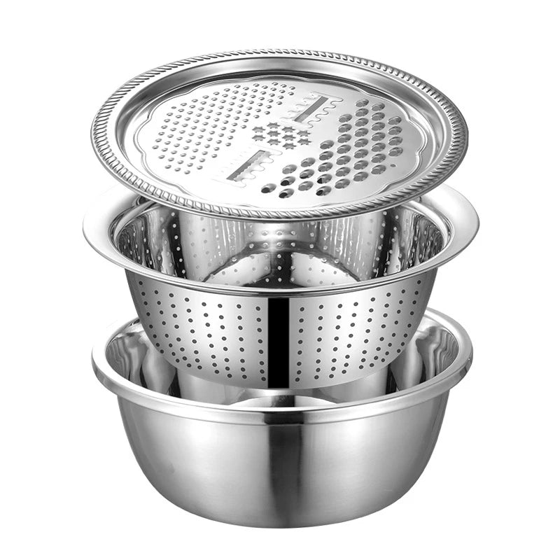 Kitchen Multipurpose Grater with Drain Basket 3 In 1 Multifunctional Stainless Steel Basin Vegetable Cutter Salad Maker Bowl