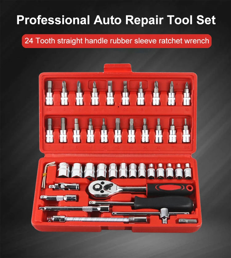 46pcs Car Repair Tool Kit 1/4-Inch Socket Set Car Repair Tool Ratchet Torque Wrench Combo Auto Repairing Set Mechanic Tool