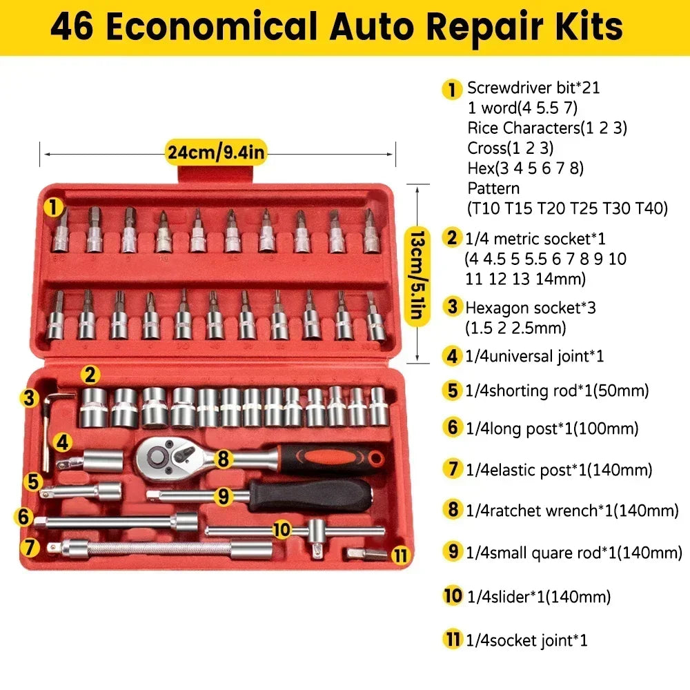 46pcs Socket Set Car Repair Tool Ratchet Spanner Wrench Set Pawl Socket Spanner Screwdriver Professional Metalworking Tool Kit