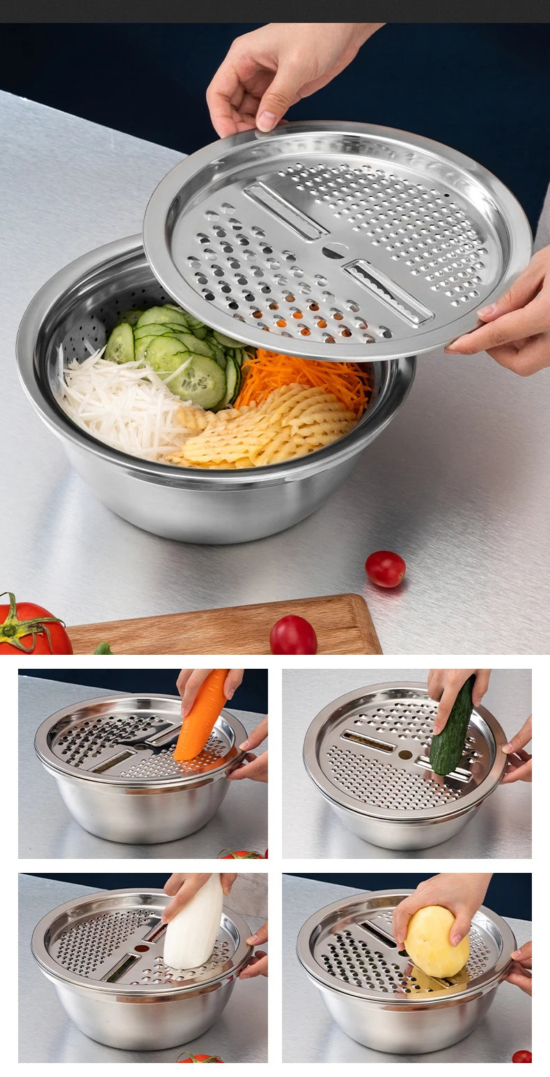 Kitchen Multipurpose Grater with Drain Basket 3 In 1 Multifunctional Stainless Steel Basin Vegetable Cutter Salad Maker Bowl