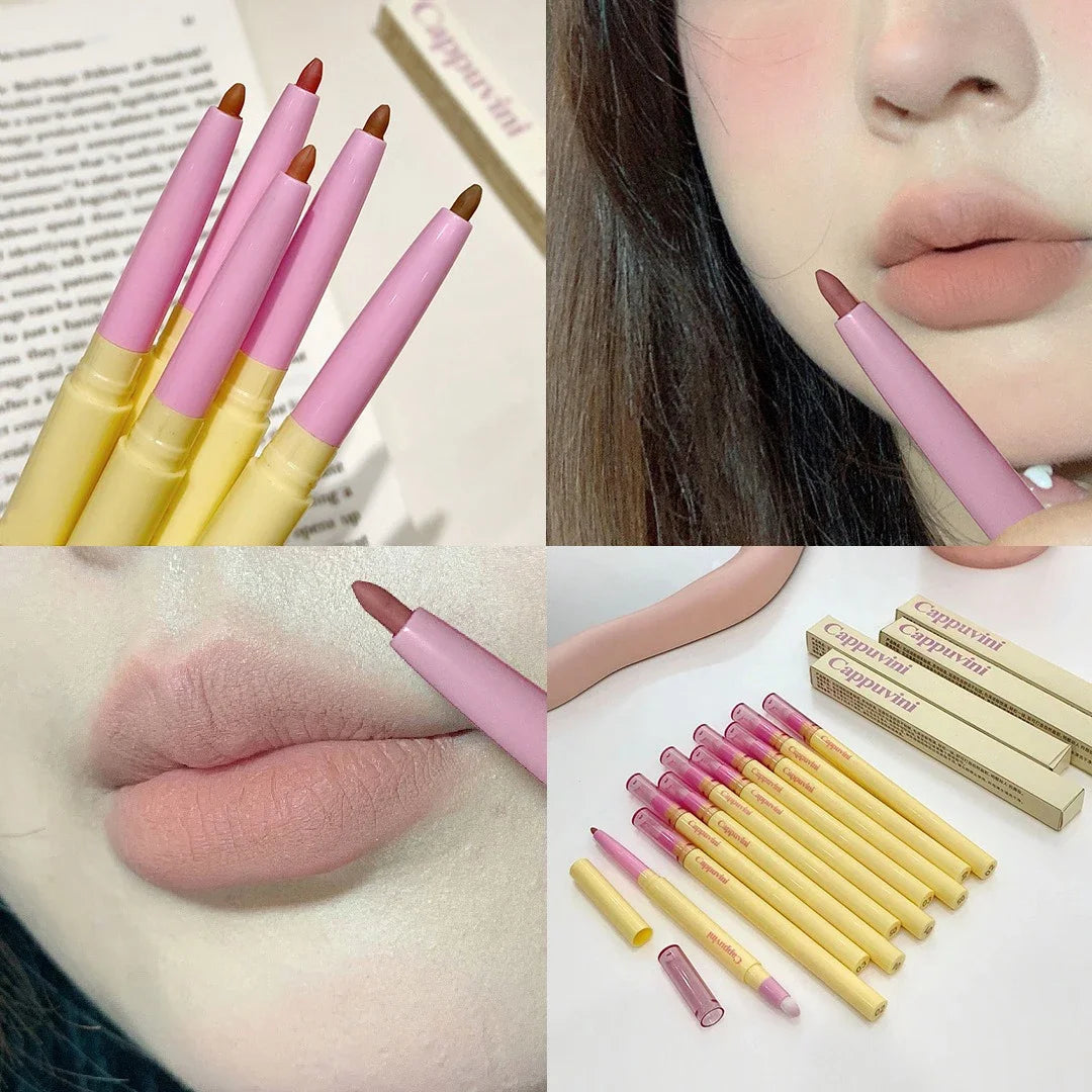 Fine Lipliner Pen Matte Velvet Lip Outline Contour Pencil with Brush Waterproof Lip Liner Non-stick Cup Moisturizing Lip Makeup