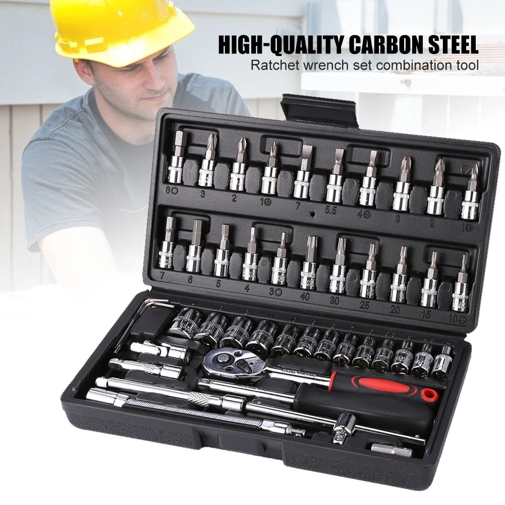 46pcs Socket Set Car Repair Tool Ratchet Spanner Wrench Set Pawl Socket Spanner Screwdriver Professional Metalworking Tool Kit