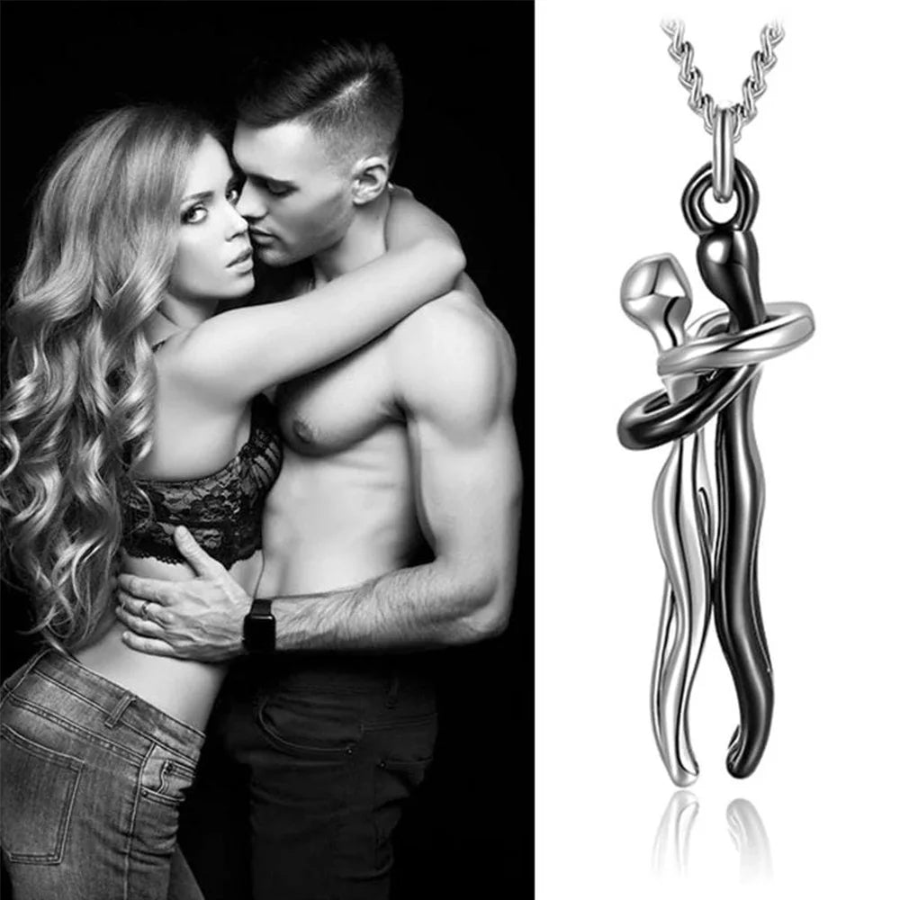 Chic Black Hug Pendant Necklace for Couples - Elegant Love Symbol,Perfect for Party &amp; Daily Wear