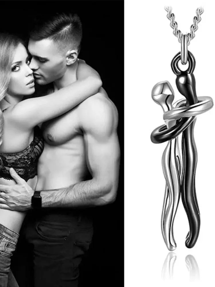 Chic Black Hug Pendant Necklace for Couples - Elegant Love Symbol,Perfect for Party &amp; Daily Wear