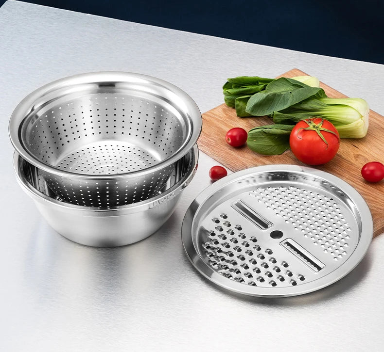 Kitchen Multipurpose Grater with Drain Basket 3 In 1 Multifunctional Stainless Steel Basin Vegetable Cutter Salad Maker Bowl