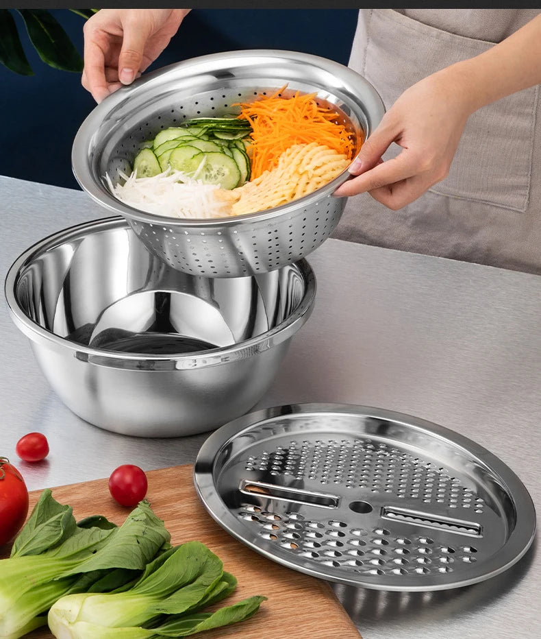 Kitchen Multipurpose Grater with Drain Basket 3 In 1 Multifunctional Stainless Steel Basin Vegetable Cutter Salad Maker Bowl