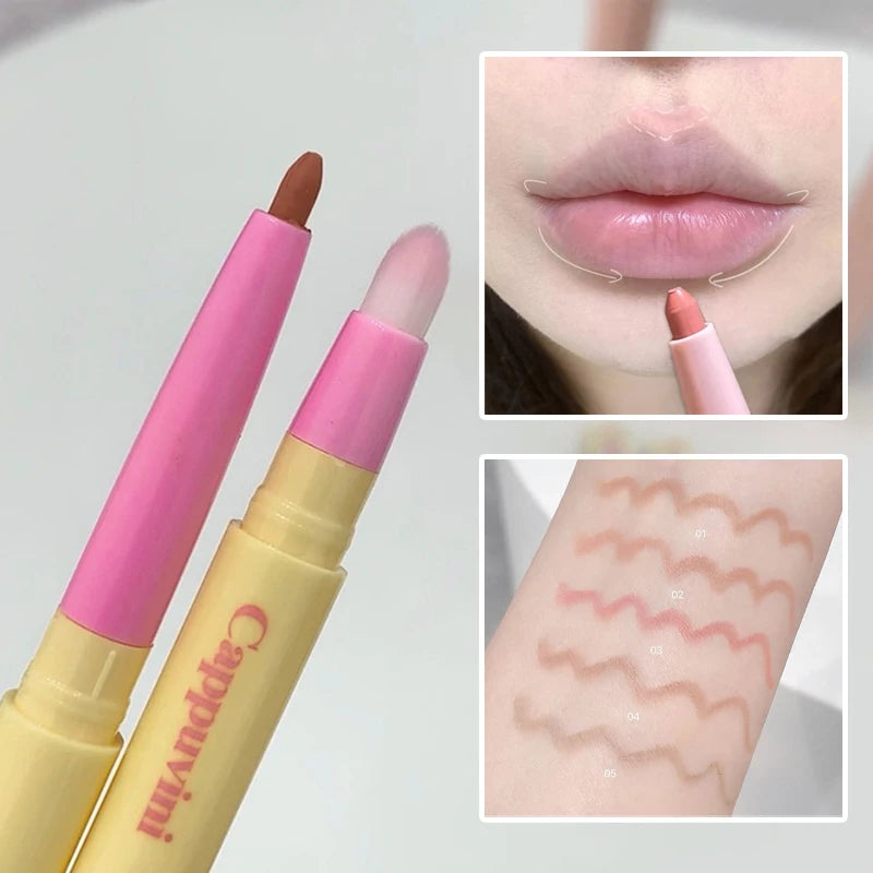 Fine Lipliner Pen Matte Velvet Lip Outline Contour Pencil with Brush Waterproof Lip Liner Non-stick Cup Moisturizing Lip Makeup