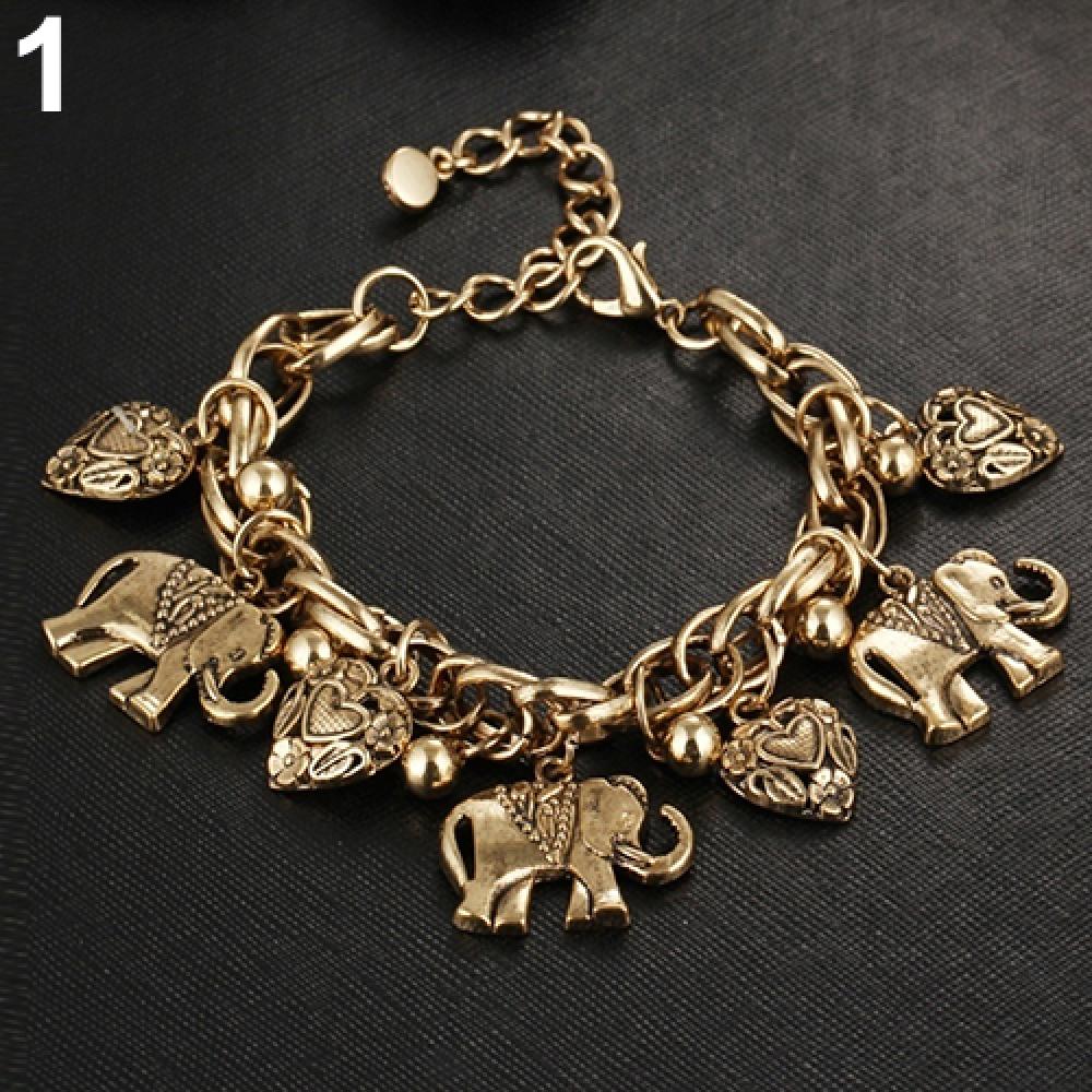 Unique Women Vintage Bracelet Bangle Bracelet Bangle Women's Carved Heart Elephant Shiny Pendant Bangle