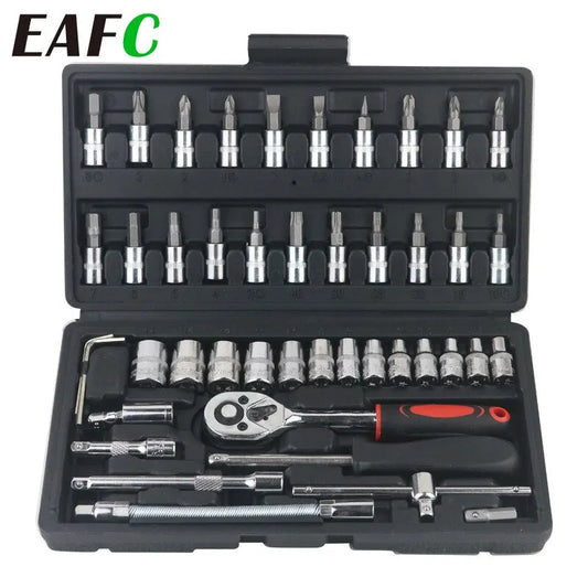 46pcs Car Repair Tool Kit 1/4-Inch Socket Set Car Repair Tool Ratchet Torque Wrench Combo Auto Repairing Set Mechanic Tool