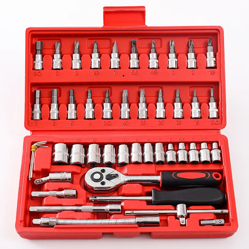 46pcs Socket Set Car Repair Tool Ratchet Spanner Wrench Set Pawl Socket Spanner Screwdriver Professional Metalworking Tool Kit