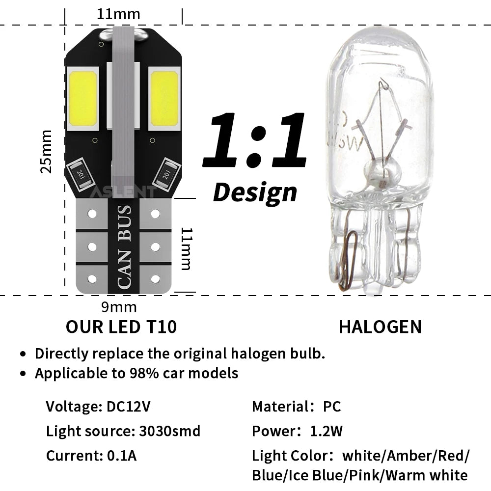 Super Bright 10X W5W T10 LED CANBUS Car Interior Lights - No Error, 600Lm, 12V, White/Amber/Red